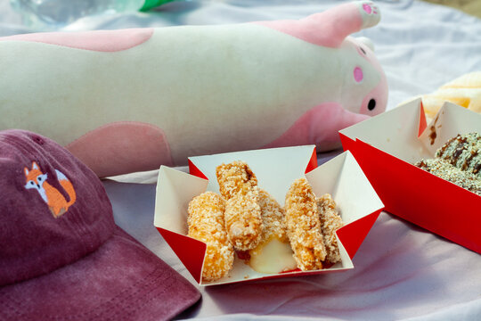 Fried Cheese Sticks and Plush Toy on Picnic Blanket