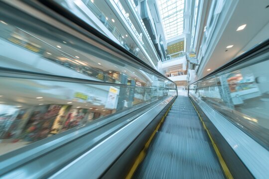 Motion blur view going up an escalator inside a bright modern shopping mall with glass railings and skylight ceiling, dynamic urban retail concept.
