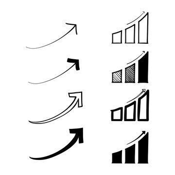 Hand drawn sketch of arrow and graphic chart icon using simple line art style 