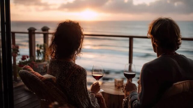 Couple watching sunset on a balcony overlooking the ocean Couple sitting together by a window two glasses of wine in foreground overlooking ocean at sunset cozy and romantic atmosphere