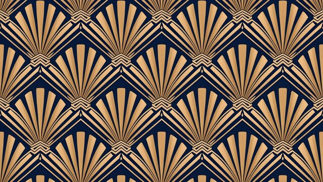 Seamless repeating Art Deco fan pattern with elegant metallic gold geometric lines over a deep navy background, symmetrical luxury design, glamorous 1920s inspiration, refined decorative rhythm