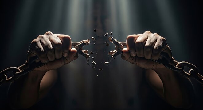 Strong man breaking heavy iron chains in dramatic light