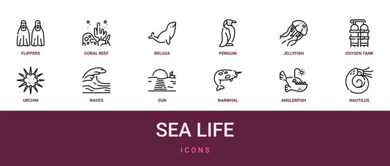 Set of 12 outline web Sea Life icons such as nautilus, anglerfish, narwhal, sun, waves, urchin, oxygen tank vector icons for report, presentation, diagram, web design, mobile app © Emma