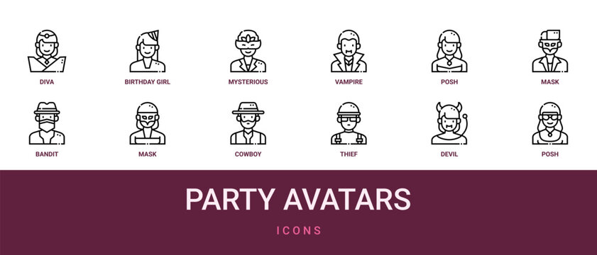 Set of 12 outline web Party Avatars icons such as posh, devil, thief, cowboy, mask, bandit, mask vector icons for report, presentation, diagram, web design, mobile app