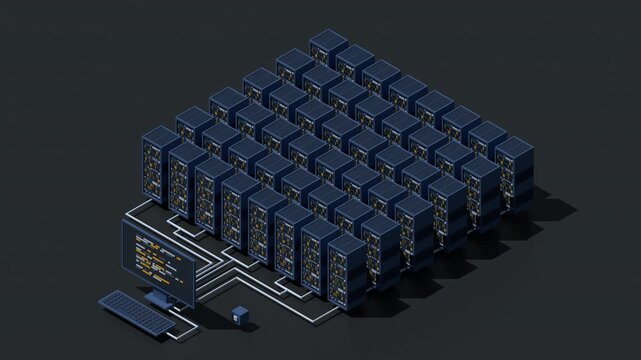3D isometric monitoring big data storage animation. Data transmission technology. Online hosting technology concept. Isometric technology. 4K video animated in isometric style