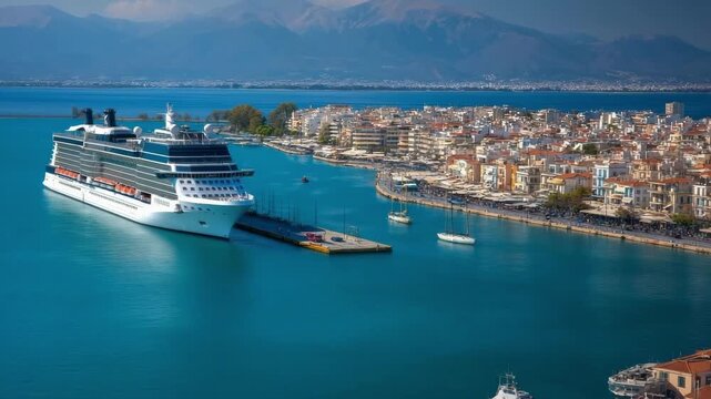 Cruise Excursion Ideas for Summer Ports Large cruise ship at a harbor in a Mediterranean town natural daylight sea and mountain background concept of tourism and travel