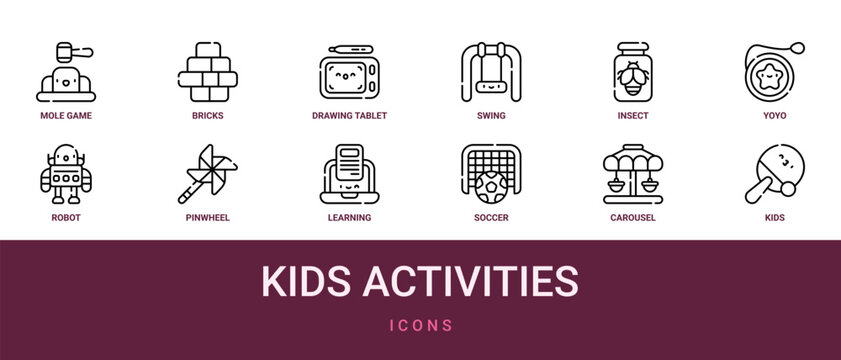 Set of 12 outline web Kids Activities icons such as from kids activities collection, carousel, soccer, learning, pinwheel, robot, yoyo vector icons for report, presentation, diagram, web design,