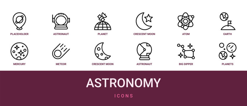 Set of 12 outline web Astronomy icons such as planets, big dipper, astronaut, crescent moon, meteor, mercury, earth vector icons for report, presentation, diagram, web design, mobile app