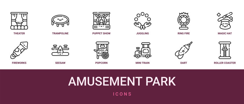 Set of 12 outline web Amusement Park icons such as roller coaster, dart, mini train, popcorn, seesaw, fireworks, magic hat vector icons for report, presentation, diagram, web design, mobile app