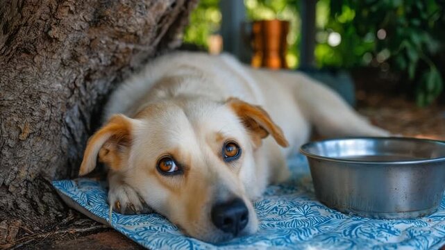Dog resting under a shady tree with cooling mat water bowl Calm dog resting on patterned mat next to water bowl under tree outdoor background Concept of pet care and relaxation