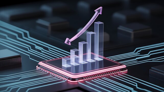 Rising arrow above crystal bar chart on microchip base symbolizing exponential tech growth.