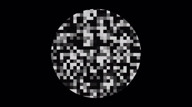 Abstract digital noise pattern in blurred monochrome mosaic with pixelated circular shapes on a square grid. Suitable for background designs.