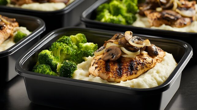 Meal prep containers with grilled chicken, mashed potatoes, broccoli and mushrooms.