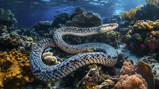 Banded sea krait gliding through vibrant coral reef ecosystem
