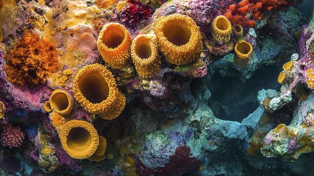 Vibrant underwater coral reef with colorful sponge and marine life