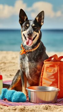 Dog on the beach with water bowl toy cooling mat and pet-safe sunscreen Dog sitting on striped towel beside a bowl toy spray bottle and orange bag on sandy beach