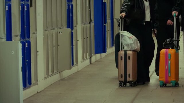 Travelers Walking Luggage Rental Lockers Station Passage. Commuters and travelers pulling colorful suitcases while walking past a row of blue and grey rental storage lockers in a train station passage