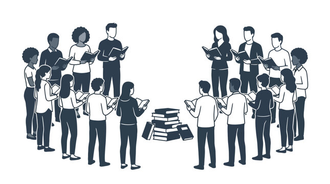 A diverse group of people standing in a circle reading books together.