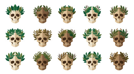 Obraz premium Brown skull icons adorned with green leaf wreaths.
