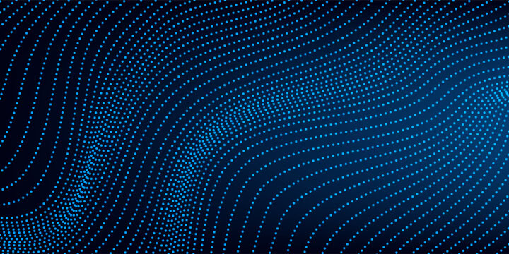 Abstract vector design of dark blue background with dot pattern, technology theme, dimensional dot flow in perspective