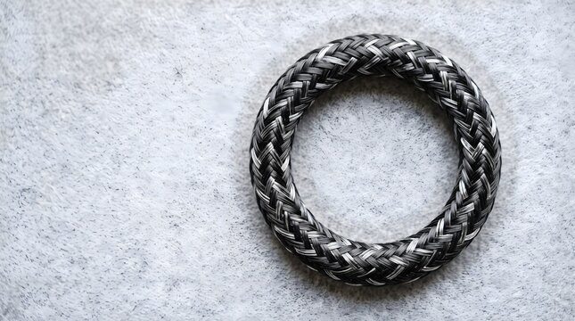 Circular braided carbon fiber ring on textured gray background