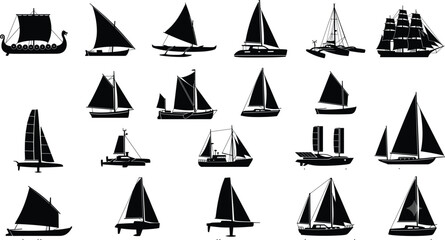 Sailing Boat and Yacht Silhouette Collection Vector Nautical Watercraft Icon Set © MdHossain