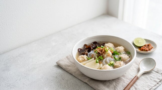 Traditional Indonesian Tekwan fish cake soup with glass noodles, wood ear mushrooms, and jicama in white bowl with copy space
