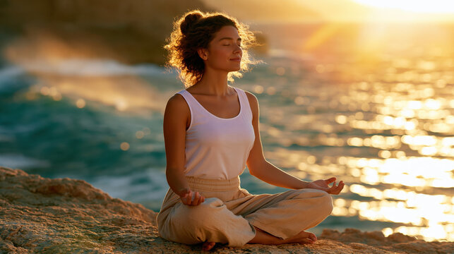 Meditation woman beach sunset ocean rock relaxation wellness calm nature yoga serenity peaceful seated lotus outdoors water wave golden light sunlight warm scenic coast shoreline female young