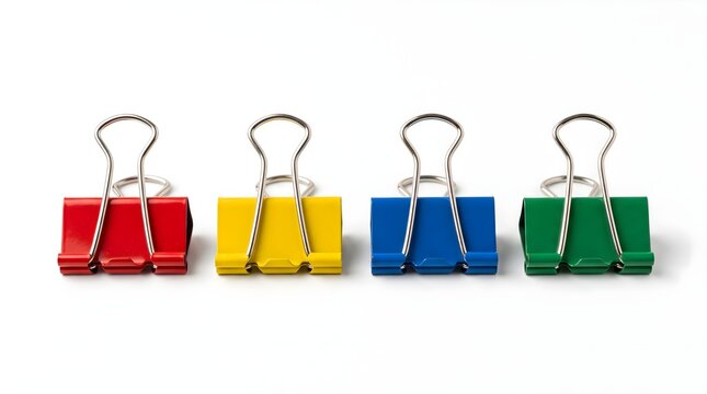 Four Colorful Metal Binder Clips Isolated On White Background