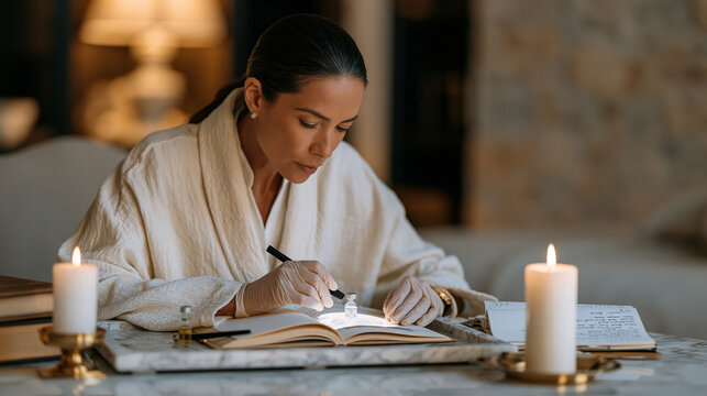 Skincare esthetician examining a magnified skin analysis result by candlelight, a single glass vial of active serum in crisp detail on a marble tray, quality control precision