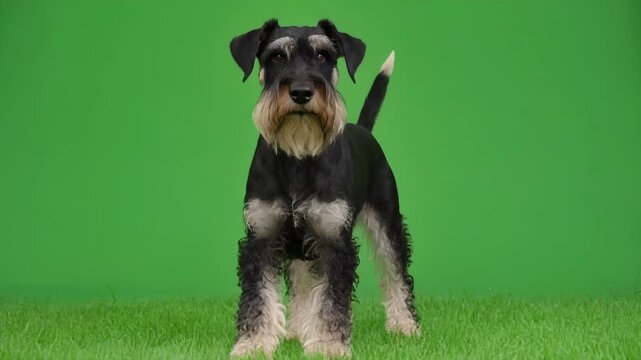 Miniature Schnauzer puppy standing on grass in front of green screen during studio shoot