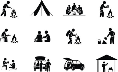 Obraz premium Set of black and white camping and outdoor activity featuring stick figures, tents, campfires, cars, and people cooking or relaxing in nature settings