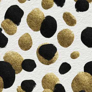 Minimalist seamless pattern with black and gold glitter spots on white textured background