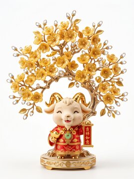 Masterpiece luxury chibi prosperity goat mascot standing beneath a magnificent blooming golden plum blossom tree featuring metallic gold branches and glossy ceramic flowers on white

