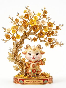 Masterpiece luxury chibi prosperity goat mascot standing beneath a magnificent blooming golden plum blossom tree featuring metallic gold branches and glossy ceramic flowers on white

