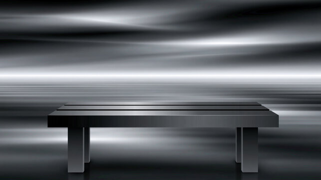 Abstract bench in empty dark room with blurred gray background and metallic light, minimal modern interior space