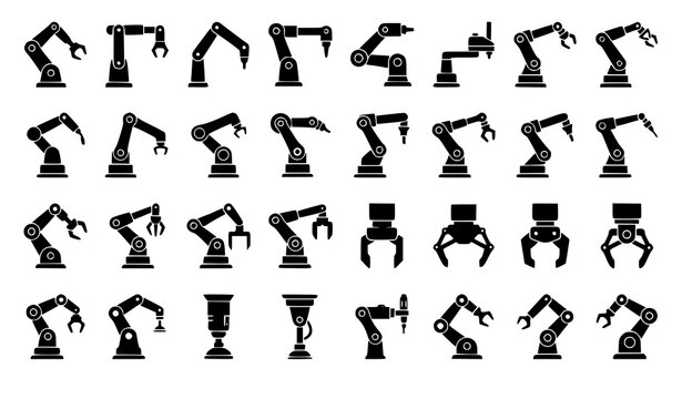 Robotic Hand Manipulator Silhouette Icon Set with Industrial Robot Arm Vector Collection