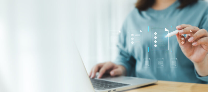 Digital Data Verification and Management , women working using smart technology of documents and check mark, symbolizing document validation, compliance, and approval workflow