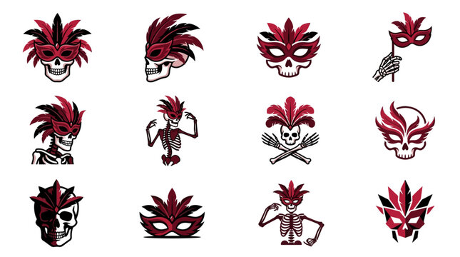 Dark red masquerade masks and skeleton icons.