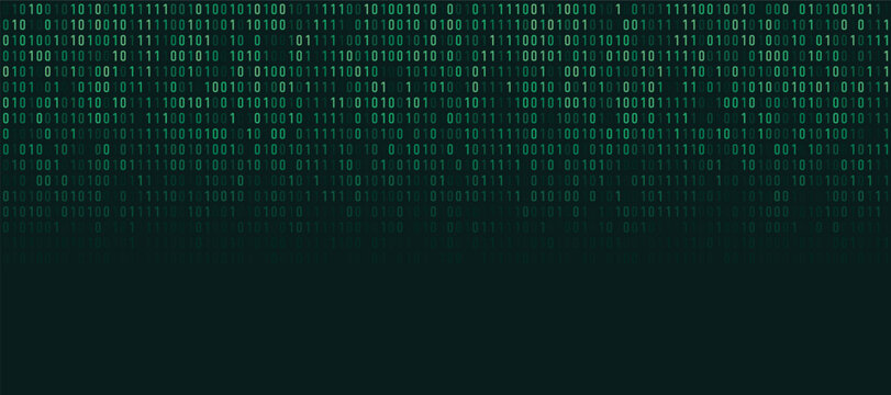 Binary code illustration with green digital numbers flowing down, creating a data stream effect for technology