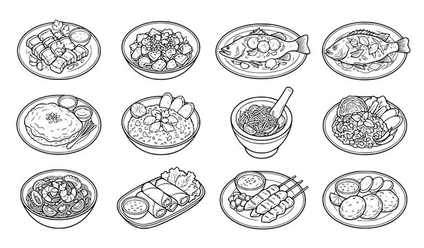Breakfast Food Collection, Hand Drawn Pancakes Waffles Noodles and Meal Outline Vector Illustration Set