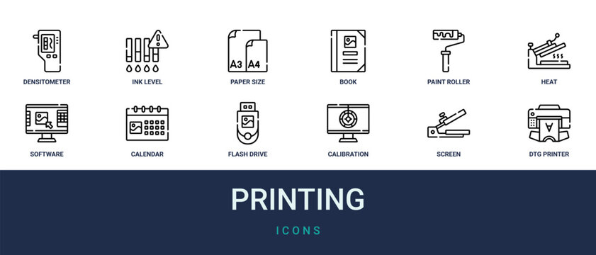 Set of 12 outline web Printing icons such as dtg printer, screen, calibration, flash drive, calendar, software, heat vector icons for report, presentation, diagram, web design, mobile app
