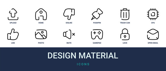 Set of 12 outline web Design Material icons such as open email, lock, gamepad, mute, photo, like, cpu vector icons for report, presentation, diagram, web design, mobile app © Noah