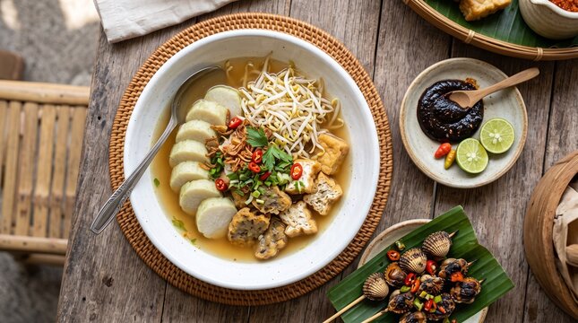 Traditional Lontong Balap Surabaya Rice Cake with Bean Sprouts and Petis