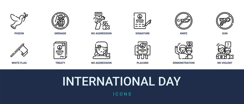Set of 12 outline web International Day icons such as no violent protest, demonstration, placard, no aggression, treaty, white flag, gun vector icons for report, presentation, diagram, web design,