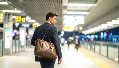 Fototapeta premium Businessman Carrying Suit Jacket Walking along Railway Station Platform for Commute and Business Travel