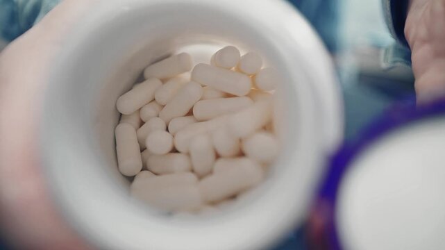 Close-up of a hand bringing a medicine bottle toward the camera and opening the lid to reveal white pills inside. Healthcare, medication, pharmacy, treatment, and daily wellness concept.