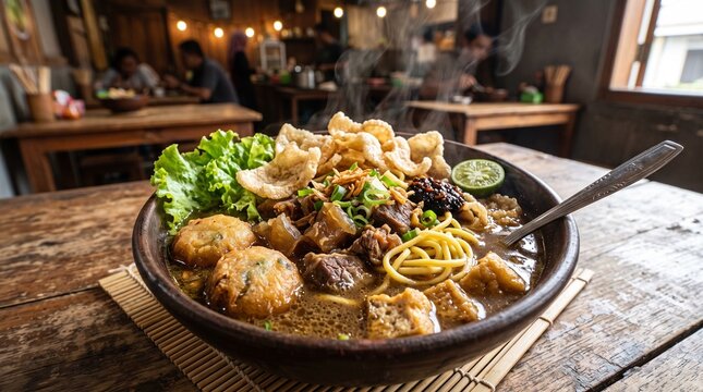 Traditional East Javanese Tahu Campur Soup Served Hot in Bowl