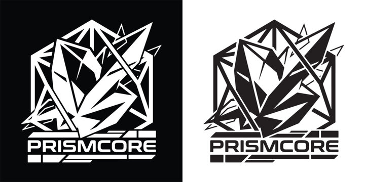 Prismcore Faceted Crystal Cluster Inside Geometric Wireframe Frame Logo