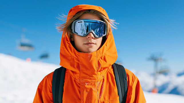 Young snowboarder in orange jacket and ski goggle on snowy mountain slope